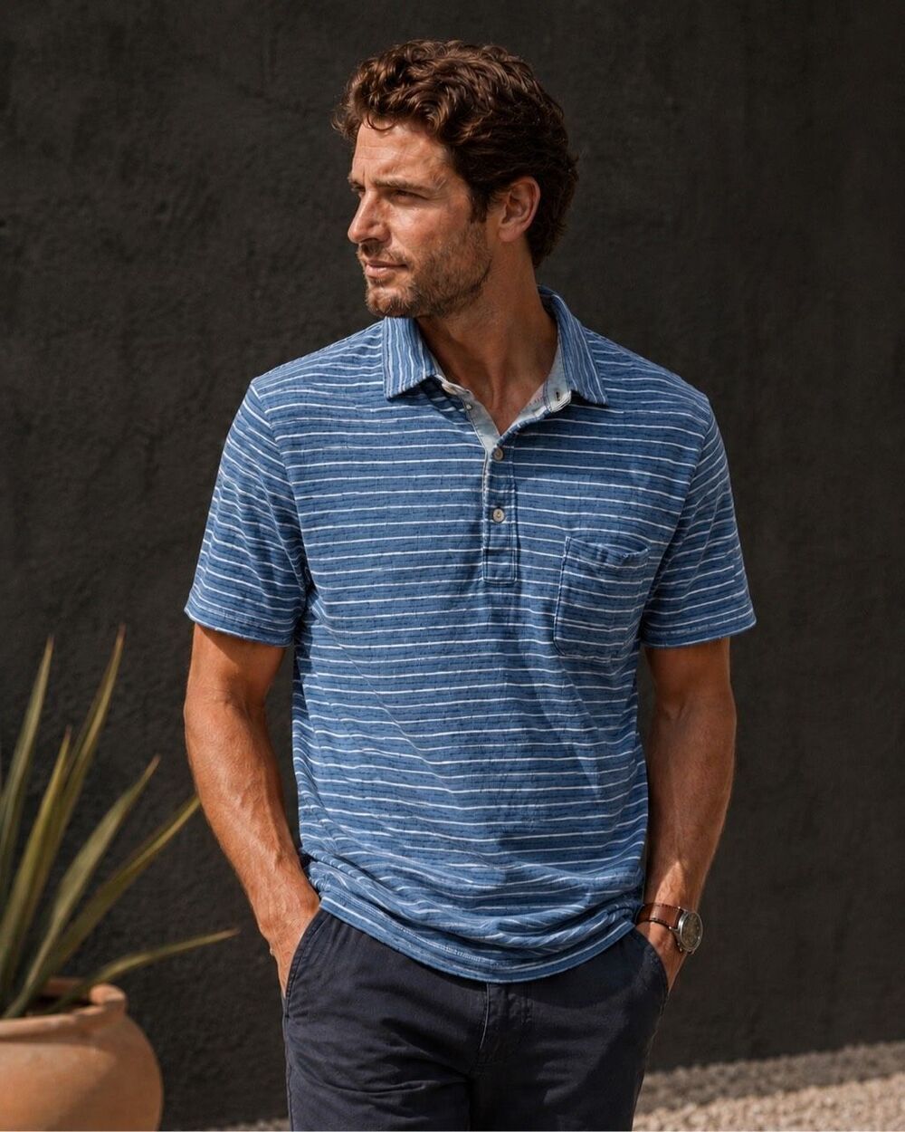 Faherty Striped Knit Polo Shirt XL white indigo blue Pocket Coastal Casual Luxur